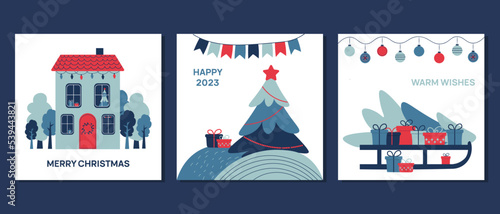 Set of vector cards for winter holidays in retro colors with sleigh full of gifts,christmas tree,and cozy house