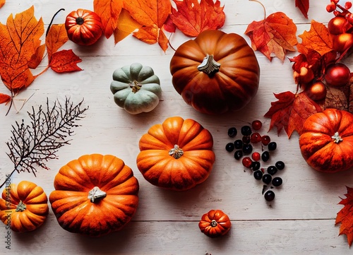 Autumn background with oranges, anise, nuts, dry fruits and cinnamon sticks. Thanksgiving wallpaper and greeting card with place for text. 3D rendering