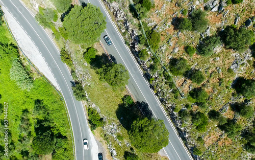 Overhead aerial view of beautiful mountain road