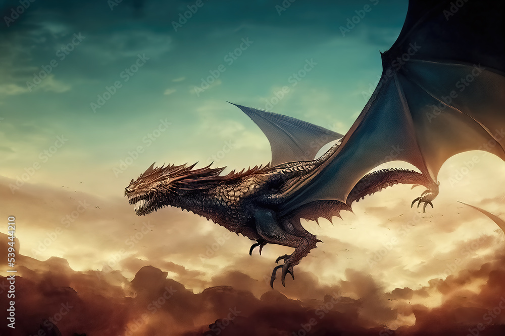 A concept art dragon in mid air. Fantasy wallpaper of a flying dragon  reptile. Powerful and scary, mythical illustration of dragons flight.  Fictional lizard monster in the clouds. generative ai Illustration Stock
