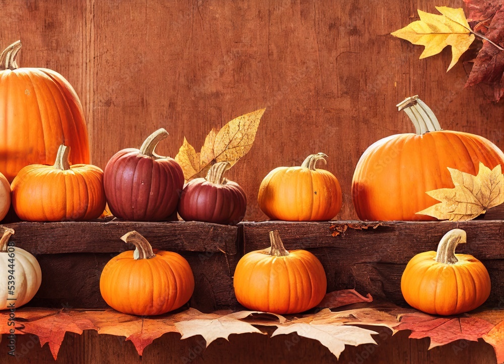 Happy Thanksgiving Day. Orange pumpkins, fruits and spices with copy space on wooden background. Yellow leaves autumn flat lay composition. Fall festive wallpaper. Halloween and turkey. 3D Rendering