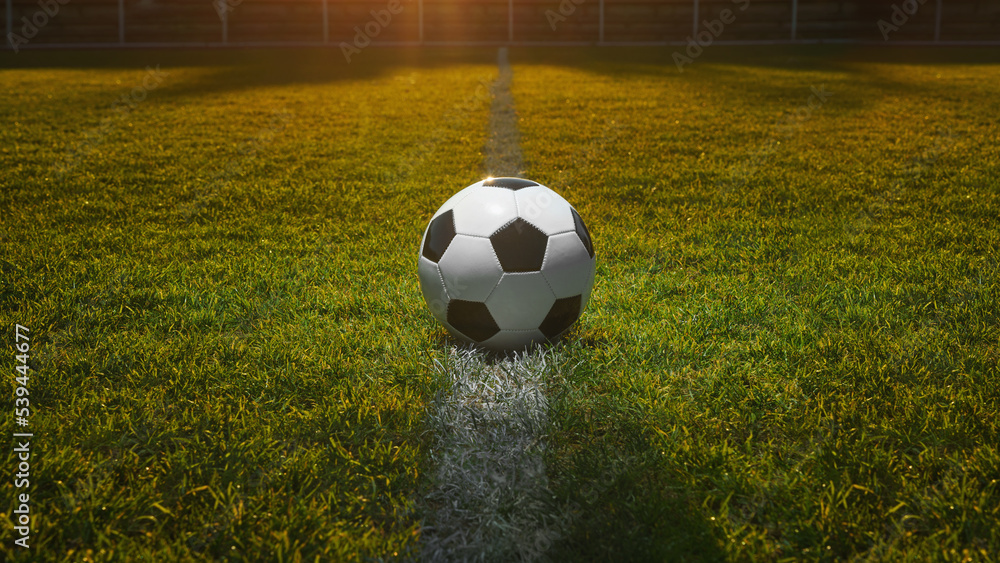 Obraz premium Traditional soccer ball on grass field in the sunlight.