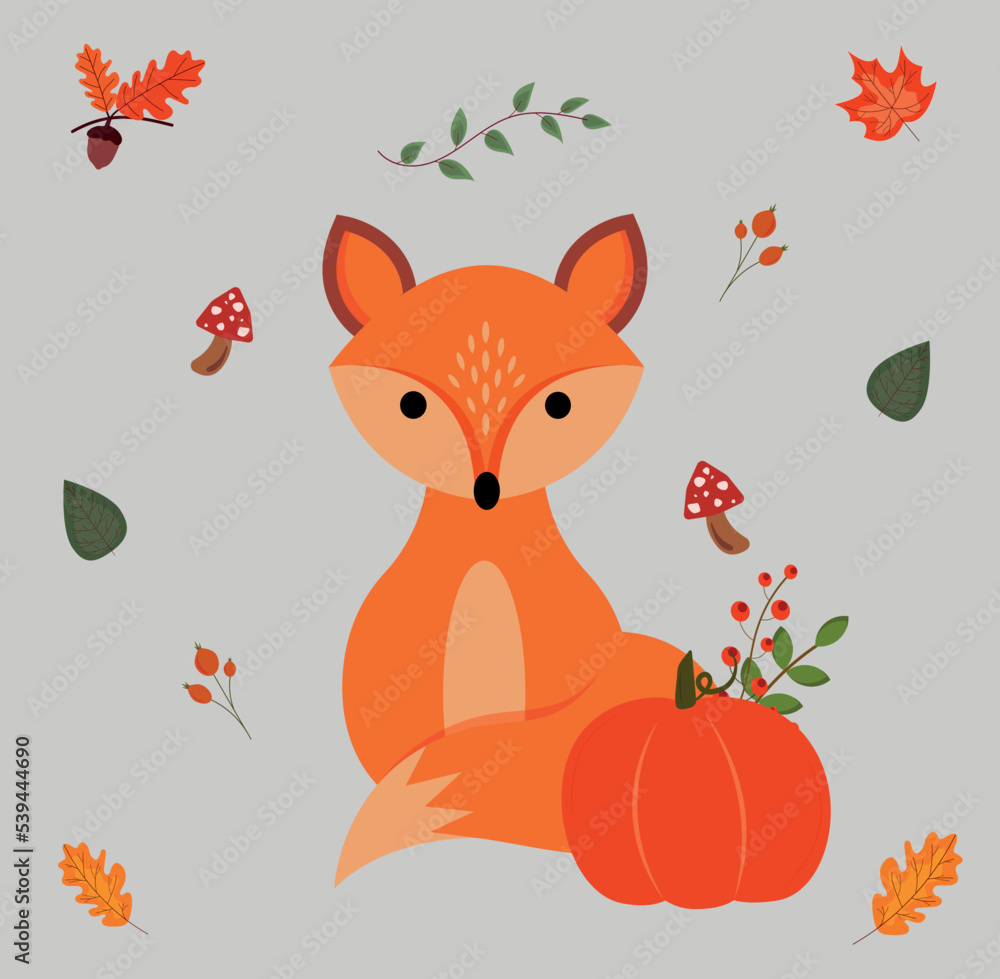 Autumn pattern with leaves, mushrooms, pumpkin, cute fox. Autumn set Autumn pattern with leaves, mushrooms, pumpkin, cute fox. Autumn set