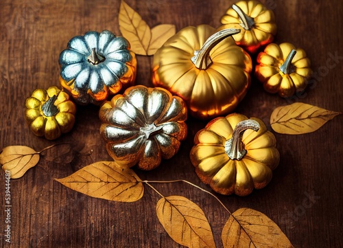 Happy Thanksgiving Day. Golden and silver pumpkins with copy space on wooden background. Yellow leaves autumn flat lay composition. Fall festive wallpaper. Halloween and turkey. 3D Rendering