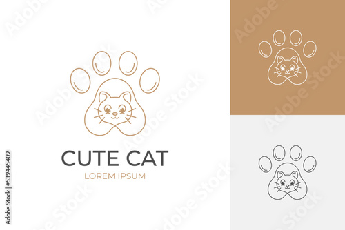 animal cute cat line logo with foot paw design concept for pet cat logo icon, cat food shop logo design