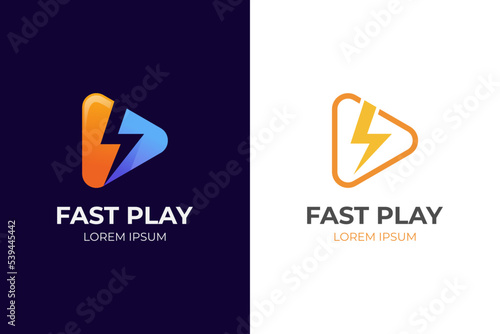 Play Electric Icon Logo Design Element. Thunderbolt in Play Icon Logo Vector. power media logo icon symbol