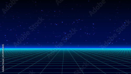 Retro fantastic background of the 80s. Vector mountain wireframe landscape with night sky and sunset . Futuristic neon scenery.
