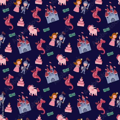 Seamless pattern with princess, prince, castle and dragon. Design for fabric, textile, wallpaper, packaging.	