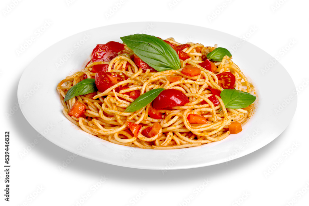 Delicious pasta with vegetables on white plate on white background Delicious pasta with vegetables on white plate on white background