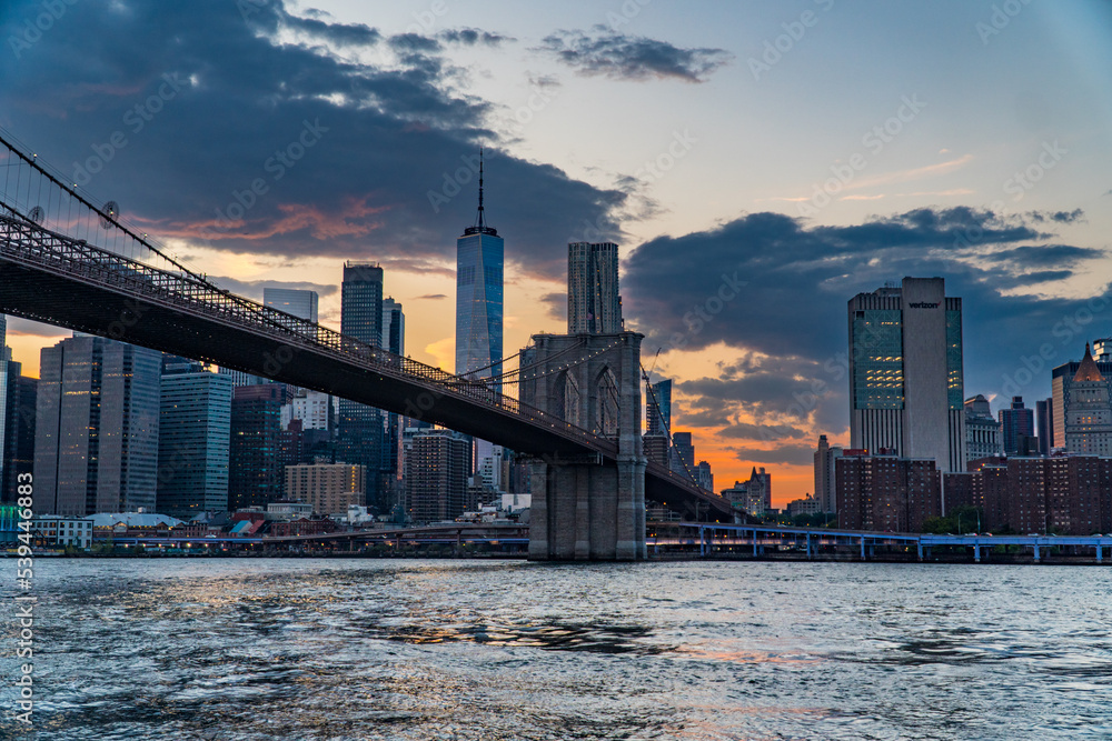 New York City, NY. USA - August 20, 2022: Skyline of Lower Manhattan seen from Pebble Beach, Brooklyn