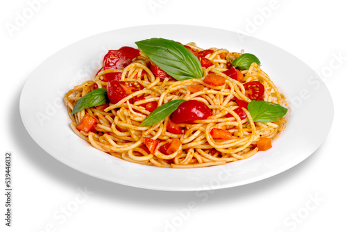 Delicious pasta with vegetables on white plate on white background