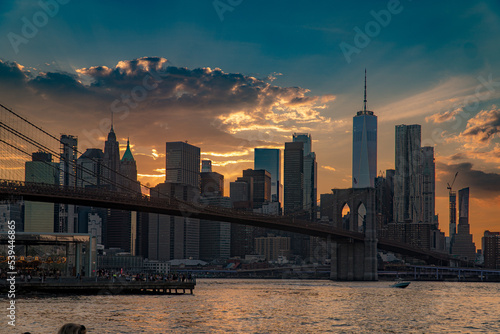 New York City, NY. USA - August 20, 2022: Skyline of Lower Manhattan seen from Pebble Beach, Brooklyn