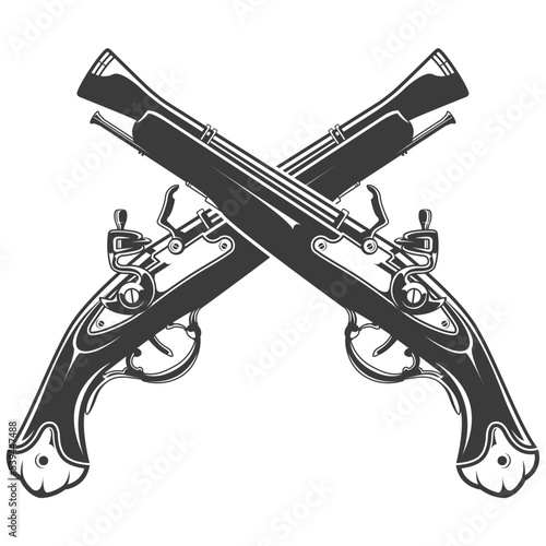 Old pirate firelock musket, two vintage pistols, crossed guns emblem, vector