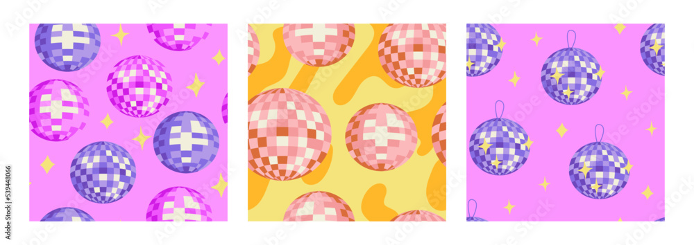Set of seamless patterns with disco balls. Vector flat backgrounds. Party, celebration, psychedelic, hippie concept. Set of seamless patterns with disco balls. Vector flat backgrounds. Party, celebration, psychedelic, hippie concept.