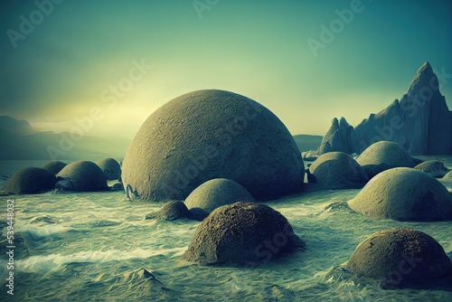 Fotografie, Obraz Fantasy concept showing a Moeraki Boulders, New Zealand Strange spherical boulders line the shore