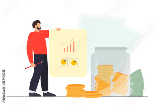 Family budget planning, man accounting finance and calculating financial income and expenses, paying taxes concept, flat vector illustration