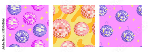 Set of seamless patterns with disco balls. Vector flat backgrounds. Party, celebration, psychedelic, hippie concept.