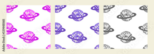 Set of seamless patterns with saturn disco balls. Vector flat backgrounds. Party, celebration, cosmic, psychedelic, hippie concept.