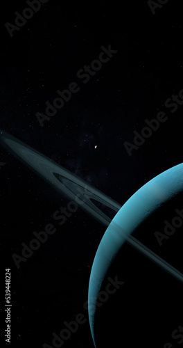 Satellite Ariel or Uranus I orbiting around Uranus planet and her rings. 3d render photo