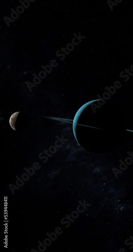 Satellite Oberon orbiting around Uranus planet in the outer space. 3d render photo