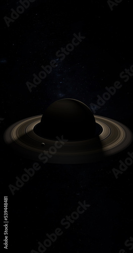 Satellite or moon orbiting over rings of planet Saturn. 3d render photo