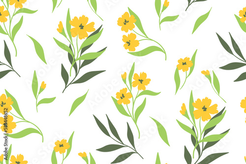 Seamless floral pattern  romantic botanical print with hand drawn wild plants in abstract arrangement on white background. Cute flower design with small yellow flowers  leaves. Vector illustration.