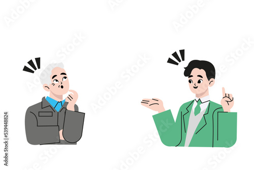 People in suits talking at business lunch. Businessmen at meeting. Office workers with place to text. Colored flat vector illustration isolated on white background