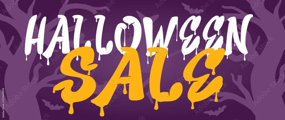 Obraz premium Halloween Horizontal Sale 50% off Banner. Email marketing web banner. Black background banner with Spider, spider web, pumpkin. Typography and calligraphy of Halloween. Black border illustration.