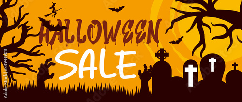 Halloween Horizontal Sale 50% off Banner. Email marketing web banner. Black background banner with Spider, spider web, pumpkin. Typography and calligraphy of Halloween. Black border illustration.