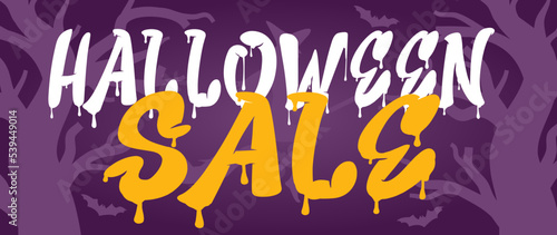 Halloween Horizontal Sale 50% off Banner. Email marketing web banner. Black background banner with Spider, spider web, pumpkin. Typography and calligraphy of Halloween. Black border illustration.