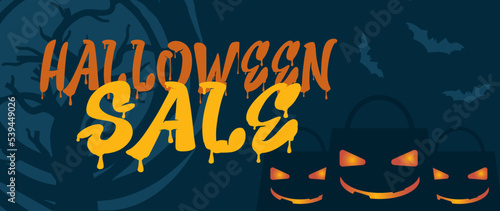 Halloween Horizontal Sale 50% off Banner. Email marketing web banner. Black background banner with Spider, spider web, pumpkin. Typography and calligraphy of Halloween. Black border illustration.