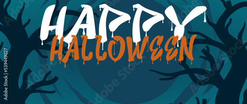Halloween Horizontal Sale 50% off Banner. Email marketing web banner. Black background banner with Spider, spider web, pumpkin. Typography and calligraphy of Halloween. Black border illustration.
