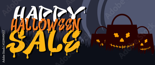 Halloween Horizontal Sale 50% off Banner. Email marketing web banner. Black background banner with Spider, spider web, pumpkin. Typography and calligraphy of Halloween. Black border illustration.