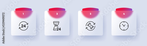 Clocks set icon. 24 7, around the clock, circular arrows, hourglass, waiting, loading, watch, planning, schedule. Time management concept. Glassmorphism. Vector line icon for Business and Advertising