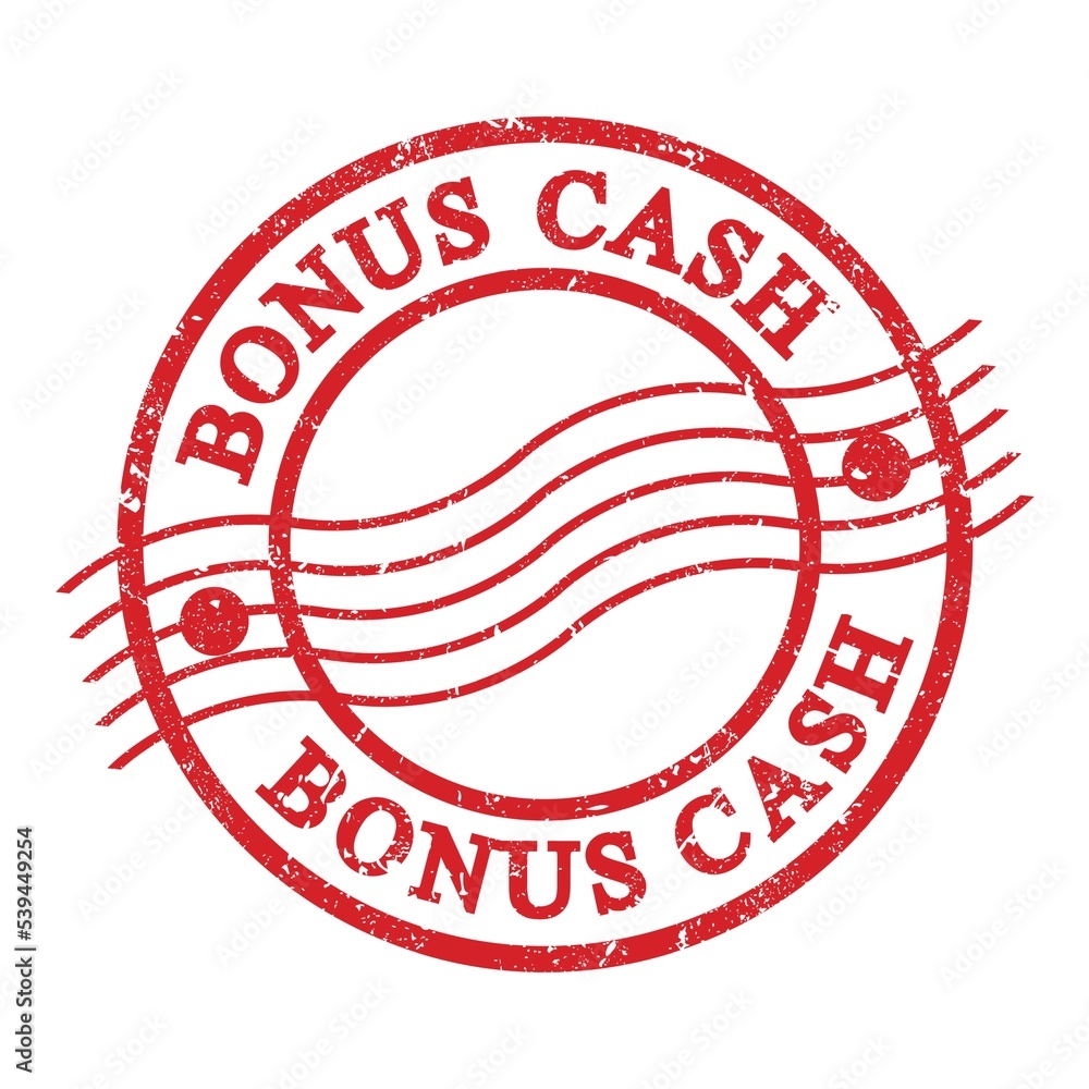 BONUS CASH, text written on red postal stamp. BONUS CASH, text written on red postal stamp.