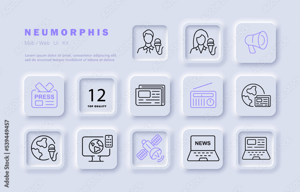 News set icon. TV presenter, release, fire, walkie talkie, laptop, ear, information, weather forecast, microphone, statistics, planet, badge, speech bubble. Service concept. Neomorphism style
