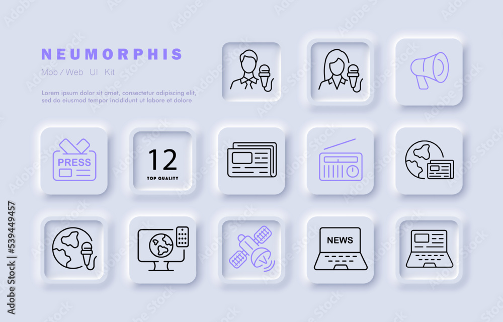 News set icon. TV presenter, release, fire, walkie talkie, laptop, ear, information, weather forecast, microphone, statistics, planet, badge, speech bubble. Service concept. Neomorphism style News set icon. TV presenter, release, fire, walkie talkie, laptop, ear, information, weather forecast, microphone, statistics, planet, badge, speech bubble. Service concept. Neomorphism style