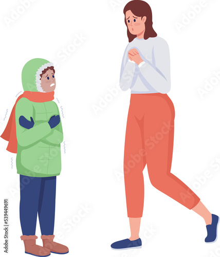Worried mom with kid semi flat color raster character. Two figures. Full body people on white. Common situations isolated modern cartoon style illustration for graphic design and animation