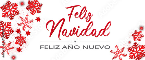 Tarjeta o pancarta para Feliz Navidad y Feliz Año Nuevo sobre fondo blanco con copos de nieve, estrellas y brillo en color rojo