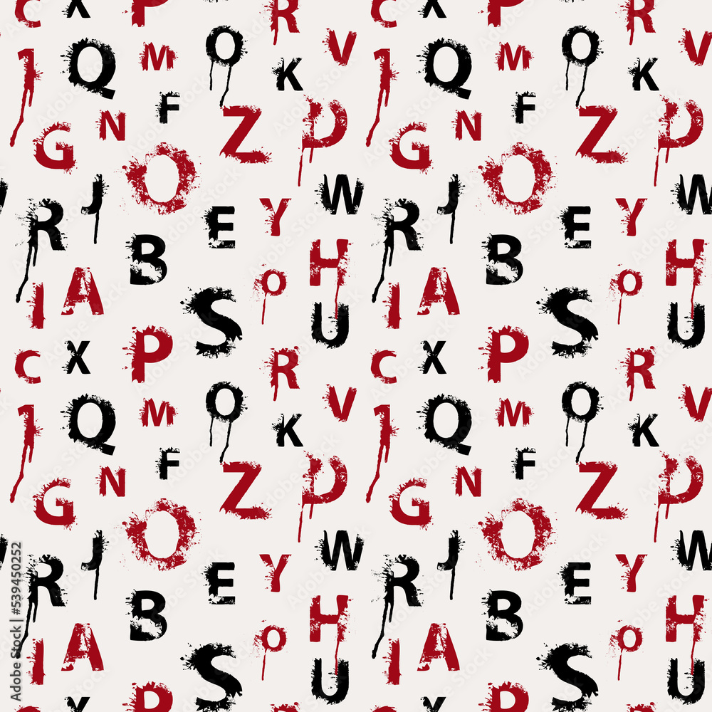 Vector seamless pattern with abstract english letters in form of black and red paint blots and splashes on a light backdrop. Design for fashion print, wallpaper, wrapping paper, fabric or background Vector seamless pattern with abstract english letters in form of black and red paint blots and splashes on a light backdrop. Design for fashion print, wallpaper, wrapping paper, fabric or background