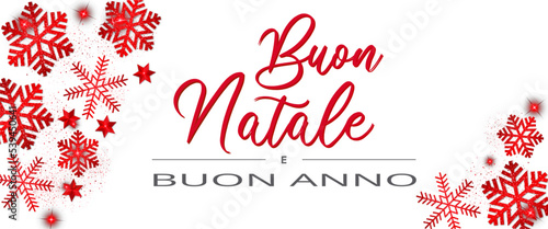 Carta o banner per buon Natale e felice anno nuovo su sfondo bianco con fiocchi di neve, stelle e glitter in colore rosso