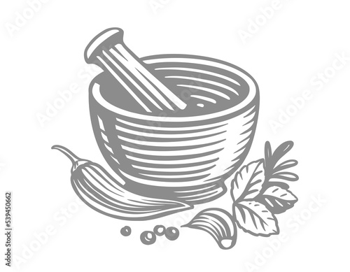 Mortar and spices with Pestle Sketch.