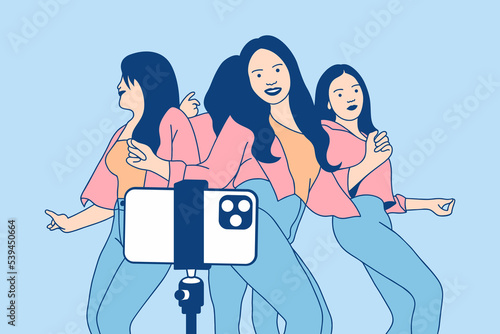 Illustrations Group of Beautiful influencer girl happy recording dancing video with smartphone for tiktok challenge