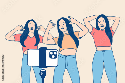 Illustrations Group of Beautiful influencer girl happy recording dancing video with smartphone for tiktok challenge