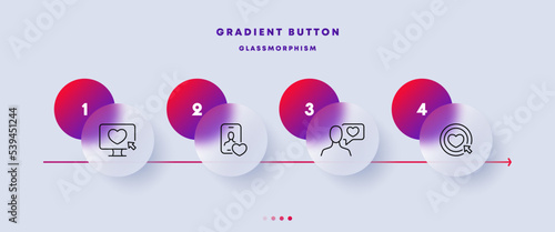 Dating app set icon. Monitor, heart, like button, cursor, phone, speech bubble, communication, couple, love, date. Long distance relationships concept. Glassmorphism. Vector line icon for Business