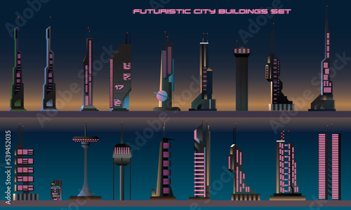 A collection of stylized, futuristic city buildings in a synthwave and cyberpunk aesthetic, featuring neon light accents, abstract shapes, and geometric designs, vector illustration
