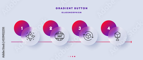 Virtual reality set icon. 360 degrees, arrows, planet, vr helmet, glasses, cub, 3d, three dimensional, holographic projection, ar. Metaverse concept. Glassmorphism style. Vector line icon for Business