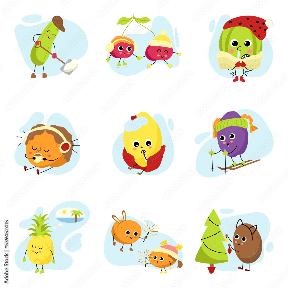 Fototapeta premium Cartoon fruits and vegetables set. Cute kawaii characters on Christmas vacation. Various winter activities. A collection of mascots for the design of greeting cards, banners, posters.