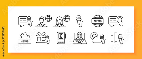 News set icon. TV presenter, release, fire, walkie talkie, laptop, ear, information, weather forecast, microphone, statistics, planet, badge, speech bubble, hostess. Service concept. Vector line icon