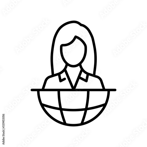 TV presenter line icon. Woman with a planet, news release, breaking news, hostess, broadcasting, television, source of information, social media, mass media. Service concept. Vector line icon